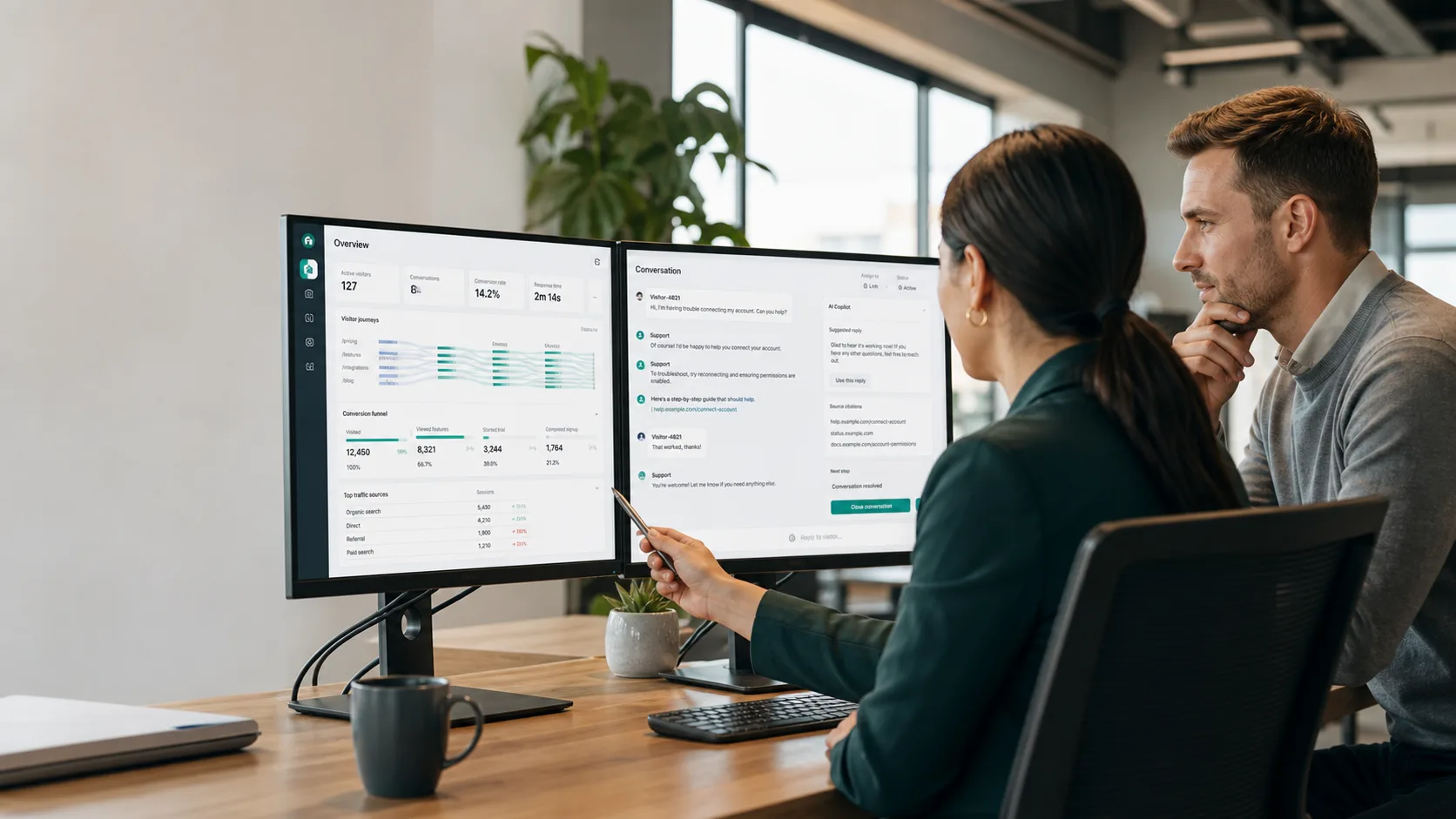 Customer support specialists reviewing visitor analytics and an AI-assisted conversation